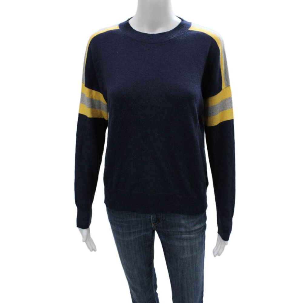 27 Miles Women Striped Blue Crewneck Pullover Long Sleeve Cashmere Blend Size S